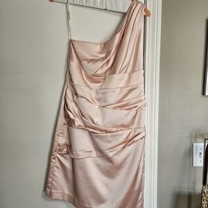 David's Bridal One Shoulder Satin Dress in Light Pink